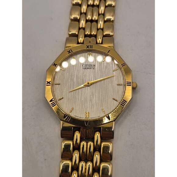 Citizen 6020-S50362 Decagon Japan Bark Dial Roman Numeral Bezel Gold Tone Watch main image 8
